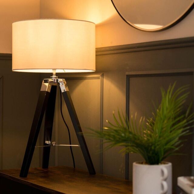 ValueLights Clipper Black Wood Tripod Table Lamp with Medium White Shade - image 1