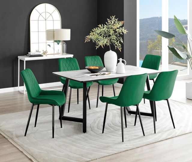 FurnitureboxUK Carson White Marble Effect Dining Table & 6 Pesaro Black Leg Chairs in Green - image 1