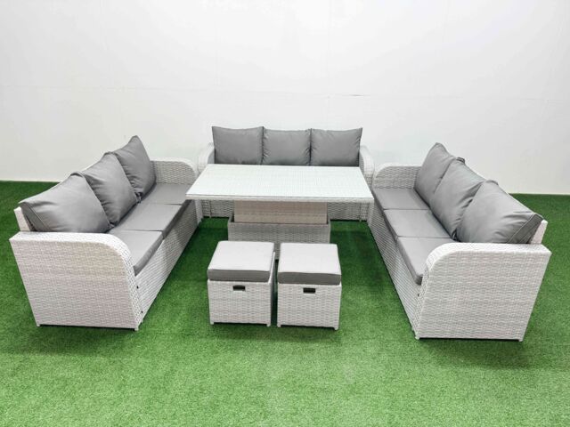 Fimous PE Rattan Lounge Sofa Set 11 Seater Outdoor Garden Furniture Set w/ Adjustable Lifting Dining or Coffee Table 3 Seater Sofa 2 Stools Light Grey - image 1