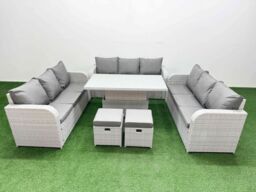 Fimous PE Rattan Lounge Sofa Set 11 Seater Outdoor Garden Furniture Set w/ Adjustable Lifting Dining or Coffee Table 3 Seater Sofa 2 Stools Light Grey - thumbnail 1