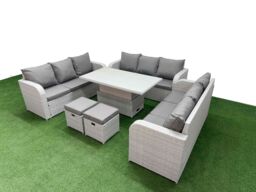 Fimous PE Rattan Lounge Sofa Set 11 Seater Outdoor Garden Furniture Set w/ Adjustable Lifting Dining or Coffee Table 3 Seater Sofa 2 Stools Light Grey - thumbnail 2