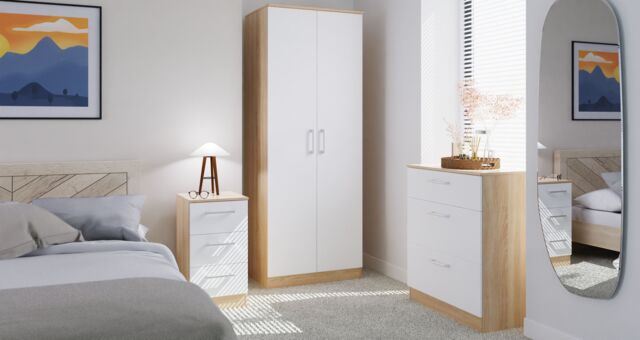 Swift Devon 3 Piece Bedroom Set (Wardrobe, Chest & Bedside) in White Matt & Bardolino Oak - Ready Assembled - image 1