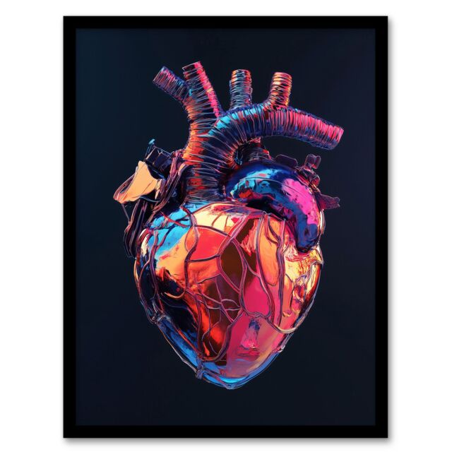 "Artery8 Shiny Anatomical Human Heart Colourful Modern Framed Art Print - Size: W12"" x H16""" - image 1