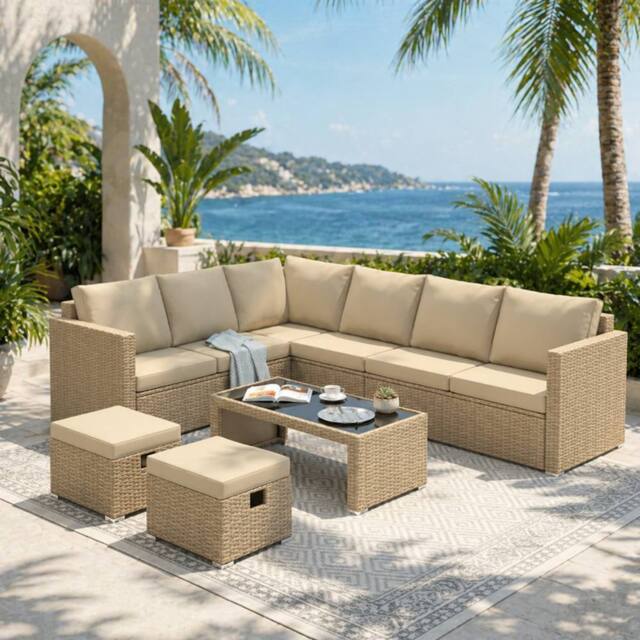 Merax 8 Seater Garden Corner Sofa Set With Coffee Table & 2 Stools in Beige - image 1