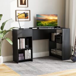 Gymax L-Shaped Desk Corner Executive Desk With Storage Shelves & Drawer in Black - thumbnail 3