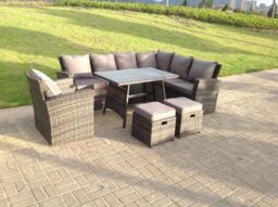 Fimous 9 Seater High Back Dark Mixed Grey Rattan Corner Sofa Set Outdoor Furniture Rectangular Dining Table in Dark Grey - thumbnail 2