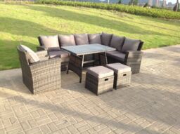 Fimous 9 Seater High Back Dark Mixed Grey Rattan Corner Sofa Set Outdoor Furniture Rectangular Dining Table in Dark Grey - thumbnail 4