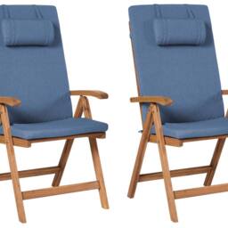 Wyld and Coco 2-Piece Folding Acacia Garden Chairs with Blue Cushions in Brown - thumbnail 2