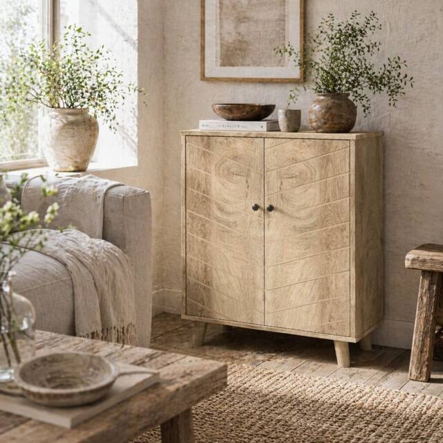 Wyld Haus Elka Dive Natural Wood Effect Chevron Sideboard 2 Doors Angled Legs - image 1