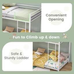 Costway Single Metal Bunk Bed Floor Bed Frame w/Ladder &Full-length Guardrails in White - thumbnail 4