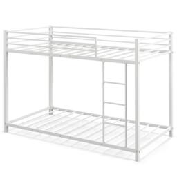 Costway Single Metal Bunk Bed Floor Bed Frame w/Ladder &Full-length Guardrails in White - thumbnail 8