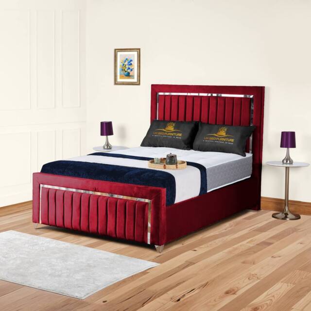 UK Bed Furniture Chrome Edge Slatted Base Upholstered Bed Frame with 48-inch Headboard in Maroon - Size: Small Double - image 1