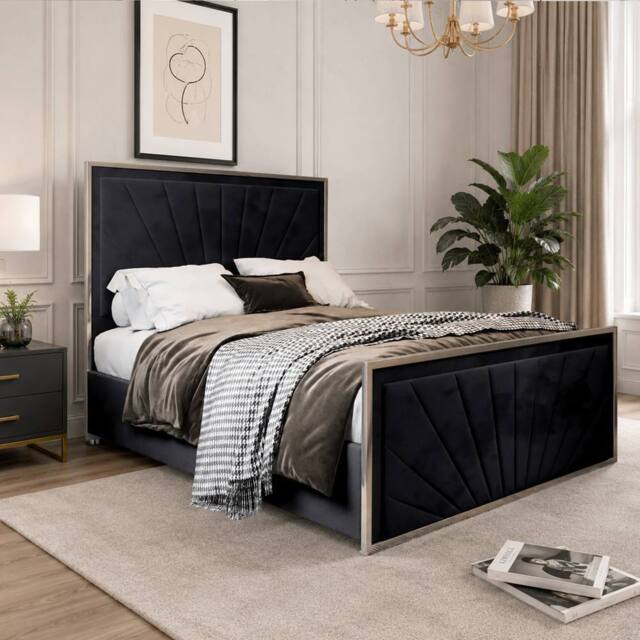 Casani Somerford Upholstered Soft Velvet Black Metal Designer Bed Frame - Size: Small Double - image 1