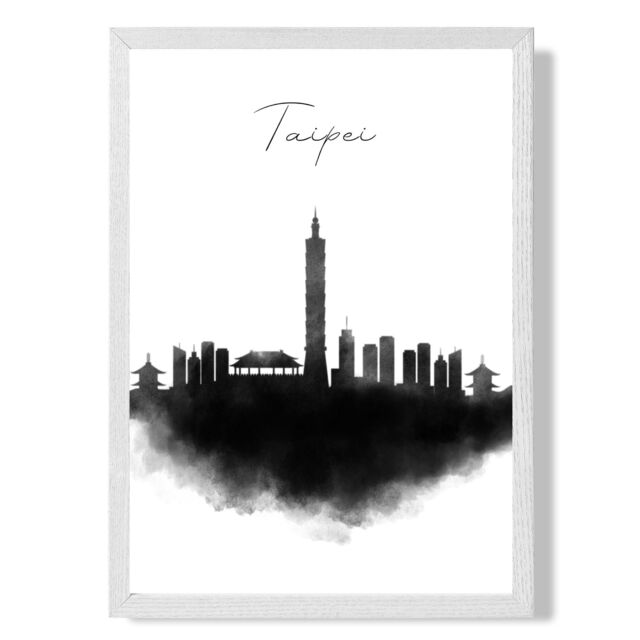 ARTZE Taipei Watercolour Skyline City Framed Print SIZE: A4 with White Frame in Black - image 1