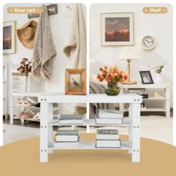 Costway 3-Tier Bamboo Shoe Bench Shoe Rack Shelf Organizer Entryway Bench Stand Display in White - thumbnail 3