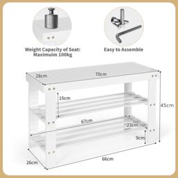Costway 3-Tier Bamboo Shoe Bench Shoe Rack Shelf Organizer Entryway Bench Stand Display in White - thumbnail 2