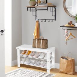 Costway 3-Tier Bamboo Shoe Bench Shoe Rack Shelf Organizer Entryway Bench Stand Display in White - thumbnail 5