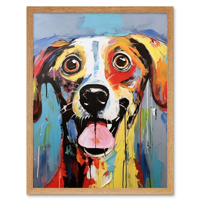 "Artery8 Wall Art Print Colourful Dog Portrait Artwork by Jason Brydson Happy Face Oil Painting Bold Bright Vibrant Art Framed - Size: W12"" x H16""" - image 1