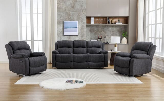 FURNITURE ONE Recliner Sofa Set, Leathaire Fabric Manual Recliner Sofa - 3+1+1 Seater Set in Dark Grey - Size: 1 Pack - image 1