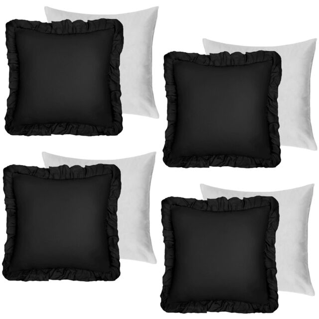 OHS 4 Pack Linen Frill Cushion Covers Filled Home Living Luxury in Black - Size: 45 cm x 45 cm - image 1