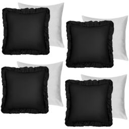 OHS 4 Pack Linen Frill Cushion Covers Filled Home Living Luxury in Black - Size: 45 cm x 45 cm