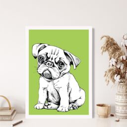 ARTZE Sketch Pug Dog on Bright Green Framed Print SIZE: A2 with White Frame - Size: A4 - thumbnail 2