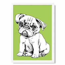 ARTZE Sketch Pug Dog on Bright Green Framed Print SIZE: A2 with White Frame - Size: A4 - thumbnail 1