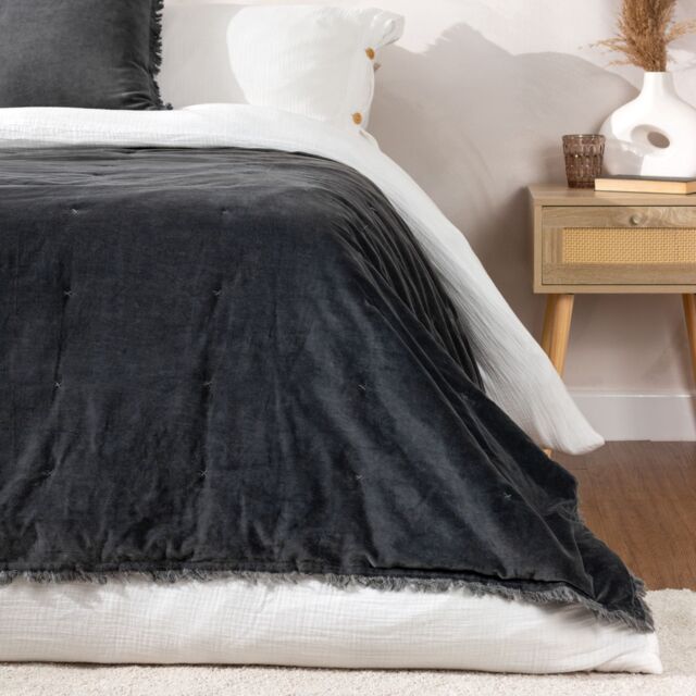 Yard Jaye Fringed Cotton Velvet Bedspread in Dark Blue - image 1