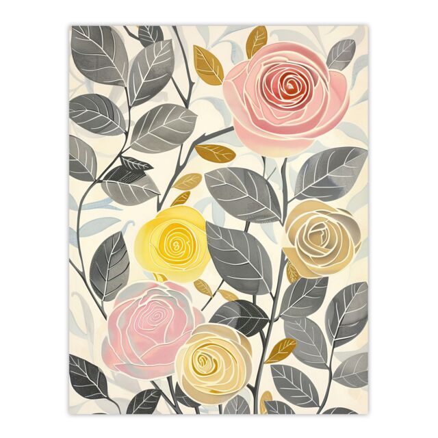 "Artery8 Rose Flowers Pink Yellow Grey Bright Design Wall Art Print - Size: W24"" x H32""" - image 1