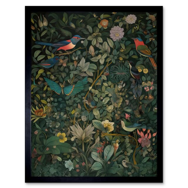 "Artery8 Wall Art Print Butterflies & Birds on Flowering Shrub Folk Art Framed in Black - Size: W12"" x H16""" - image 1