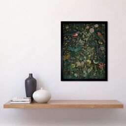 "Artery8 Wall Art Print Butterflies & Birds on Flowering Shrub Folk Art Framed in Black - Size: W12"" x H16""" - thumbnail 2