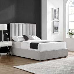Modish Furnishing Light Grey Velvet Fabric With Silver Chrome Trim & Ottoman Storage Gas Lift Bed - Size: King - thumbnail 1