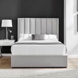 Modish Furnishing Light Grey Velvet Fabric With Silver Chrome Trim & Ottoman Storage Gas Lift Bed - Size: King - thumbnail 3