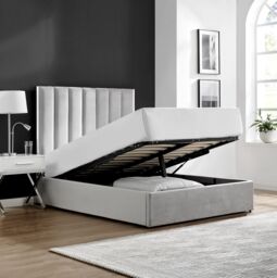 Modish Furnishing Light Grey Velvet Fabric With Silver Chrome Trim & Ottoman Storage Gas Lift Bed - Size: King - thumbnail 2