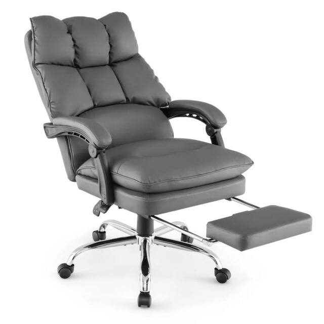 Costway Office Desk Chair Ergonomic Padded Reclining Chair W/Retractable Footrest in Grey - image 1