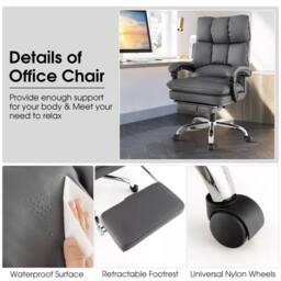 Costway Office Desk Chair Ergonomic Padded Reclining Chair W/Retractable Footrest in Grey - thumbnail 5