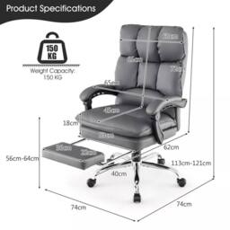 Costway Office Desk Chair Ergonomic Padded Reclining Chair W/Retractable Footrest in Grey - thumbnail 2