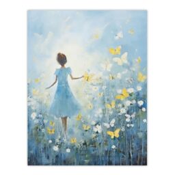 Artery8 Girl In Wildflower Meadow Oil Painting Soft Blue Yellow Butterflies Spring Landscape Unframed Wall Art Print Poster Home Decor Premium - thumbnail 1