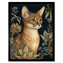 "Artery8 Wall Art Print Abyssinian Cat with Flowers Art Nouveau Modern Watercolour Art Framed in Black - Size: W12"" x H16""" - thumbnail 1