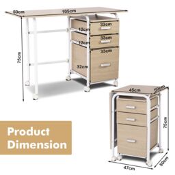 Gymax Folding Office Desk Writing Table With Wheels & 3 Drawers Space Saving in Khaki - thumbnail 2