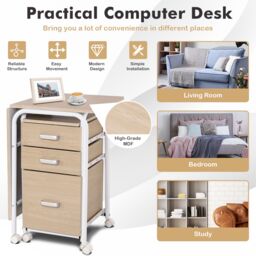 Gymax Folding Office Desk Writing Table With Wheels & 3 Drawers Space Saving in Khaki - thumbnail 3
