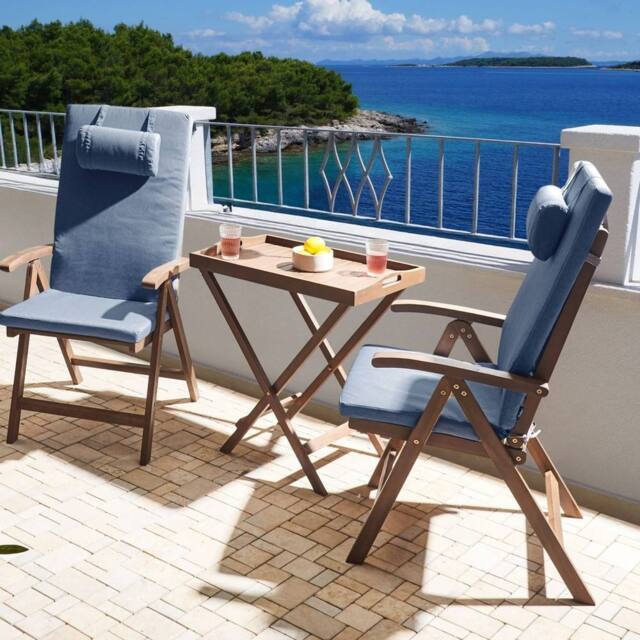 Wyld and Coco Acacia Wood Garden Chairs Set of 2 with Blue Cushions in Brown - image 1