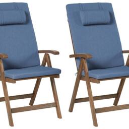 Wyld and Coco Acacia Wood Garden Chairs Set of 2 with Blue Cushions in Brown - thumbnail 2