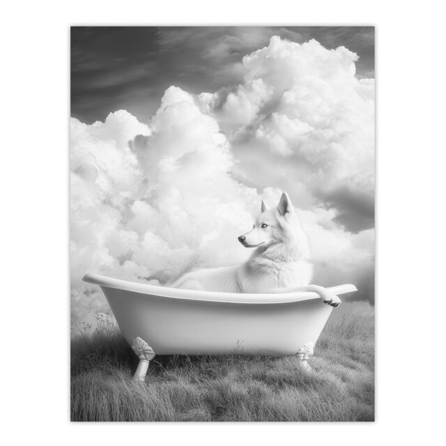 "Artery8 Husky in a Bathtub on Field Black White Surreal Wall Art Print in Grey - Size: W12"" x H16""" - image 1