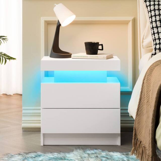 Matteo Modern LED Bedside Table with 2 Drawers - White Nightstand Cabinet - image 1