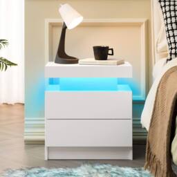 Matteo Modern LED Bedside Table with 2 Drawers - White Nightstand Cabinet - thumbnail 1