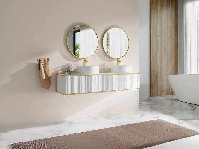 Vente-unique Suspended Grooved Bathroom Cabinet With Gold Trim, 2 Drawers and in White - image 1
