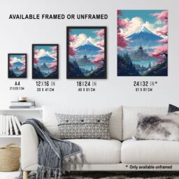 Artery8 Japanese Temple Mount Fuji Lake Green Pink Cherry Blossoms Framed Art - Size: A4 - thumbnail 3