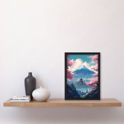 Artery8 Japanese Temple Mount Fuji Lake Green Pink Cherry Blossoms Framed Art - Size: A4 - thumbnail 4
