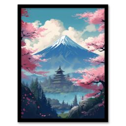 Artery8 Japanese Temple Mount Fuji Lake Green Pink Cherry Blossoms Framed Art - Size: A4 - thumbnail 1